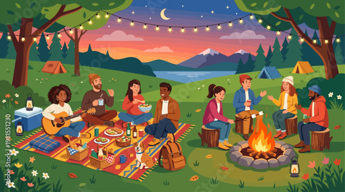 People gather around a campfire on Lag BaOmer night in a serene natural landscape.