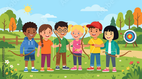 Children celebrate Lag BaOmer with archery fun outdoors in a sunny park