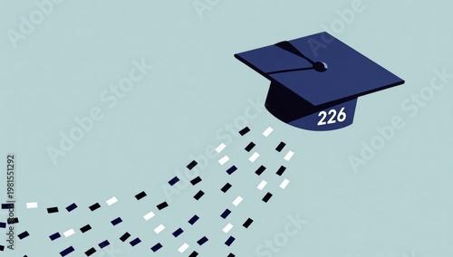 Graduation cap with number 226 trailing confetti symbolizing academic achievement illustration