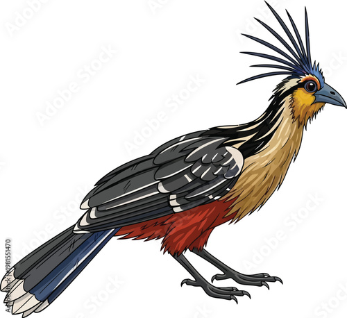 A wild red-billed hornbill with a prominent beak and black and white feathers perches on a nature branch in its natural wildlife habitat