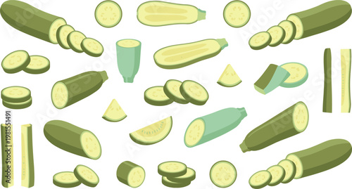 Zucchini Vector Collection with Whole, Sliced, Chopped and Angled Pieces Showing Fresh Green Vegetable Variations for Cooking, Healthy Food and Organic Design