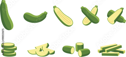 Zucchini Vector Set with Whole, Halved, Sliced and Cut Pieces Showing Fresh Green Courgette Variations for Cooking, Healthy Food and Organic Vegetable Design