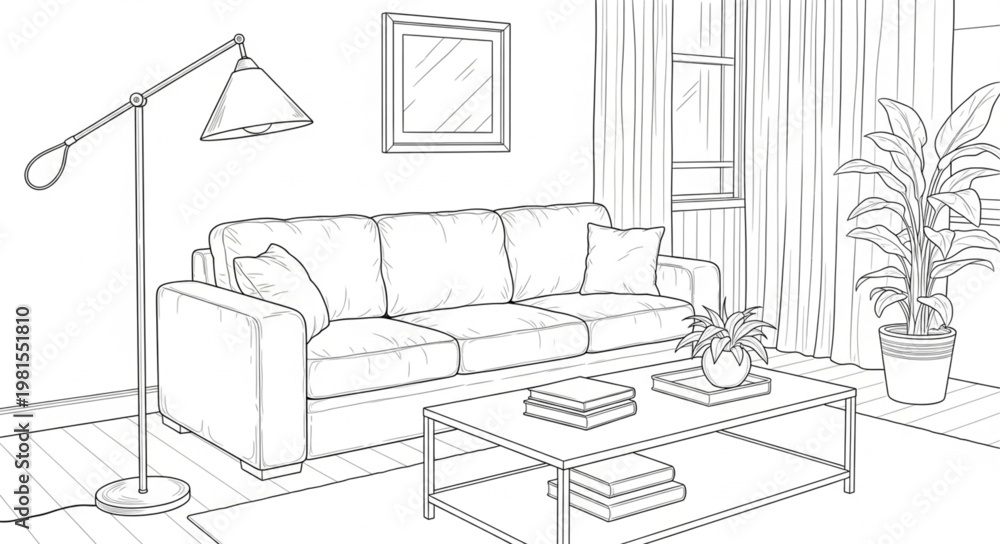 Fototapeta premium Elegant Living Room Interior Sketch with Sofa and Lamp.