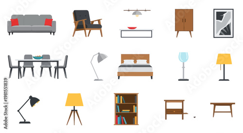 Modern Furniture Collection Icons: Sofa, Chair, Bed, Table, Lamp, Cabinet, Art