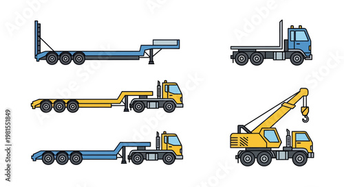 Heavy Duty Trucks and Trailers Set: Flatbed, Lowboy, Crane Truck Icons