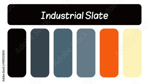 Modern Industrial Slate and Electric Orange Color Palette. Professional swatches collection with charcoal grey and warm cream tones for corporate branding and technology design projects.

