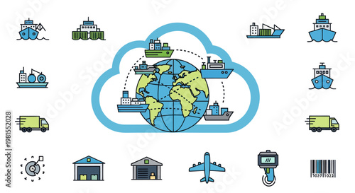 Global Logistics Network - Cloud Shipping and Transportation Icons