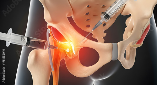 Medical injection procedure targeting the human hip joint, illustrating pain relief therapy for musculoskeletal conditions