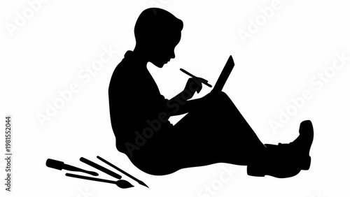 Black silhouette vector of person designing on tablet with stylus and brushes