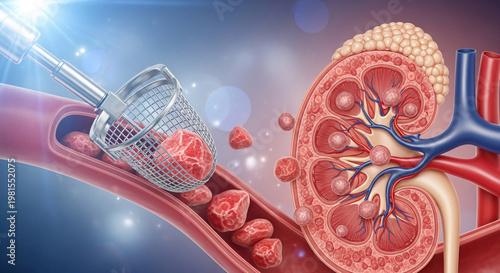 Medical instrument capturing kidney stones from a human blood vessel next to a detailed cross section