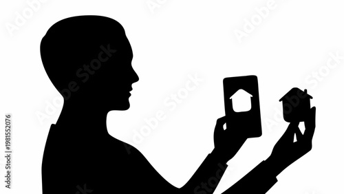 Black silhouette of a person controlling a smart home with a smartphone