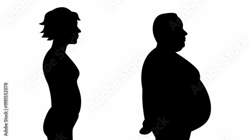 Black silhouettes of slim and obese people standing side by side on white background