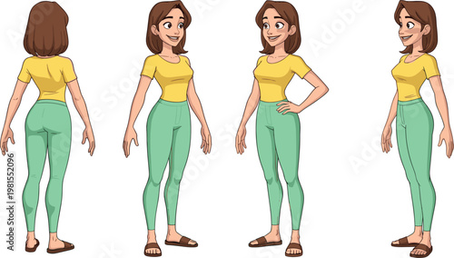Female character design sheet featuring a young woman in casual yellow t-shirt and green leggings from front side and back views for animation and game development.
