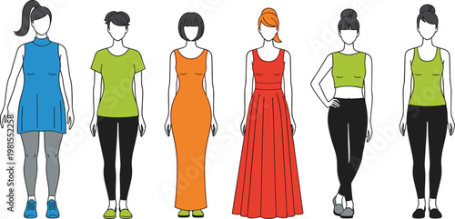 Collection of female fashion silhouettes in various outfits including dresses leggings and sportswear for clothing style guides retail marketing and textile design projects.