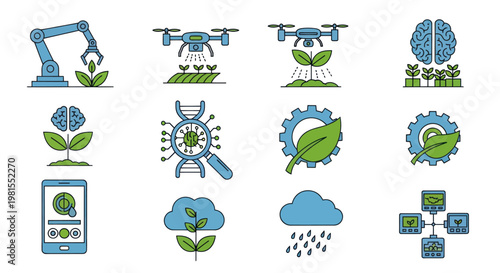 Smart Farming Icons: Agriculture Technology, Automation, Innovation, AI, Drone, Robot