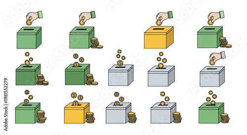 Donation Boxes Collection: Hands Inserting Coins into Various Charity Boxes