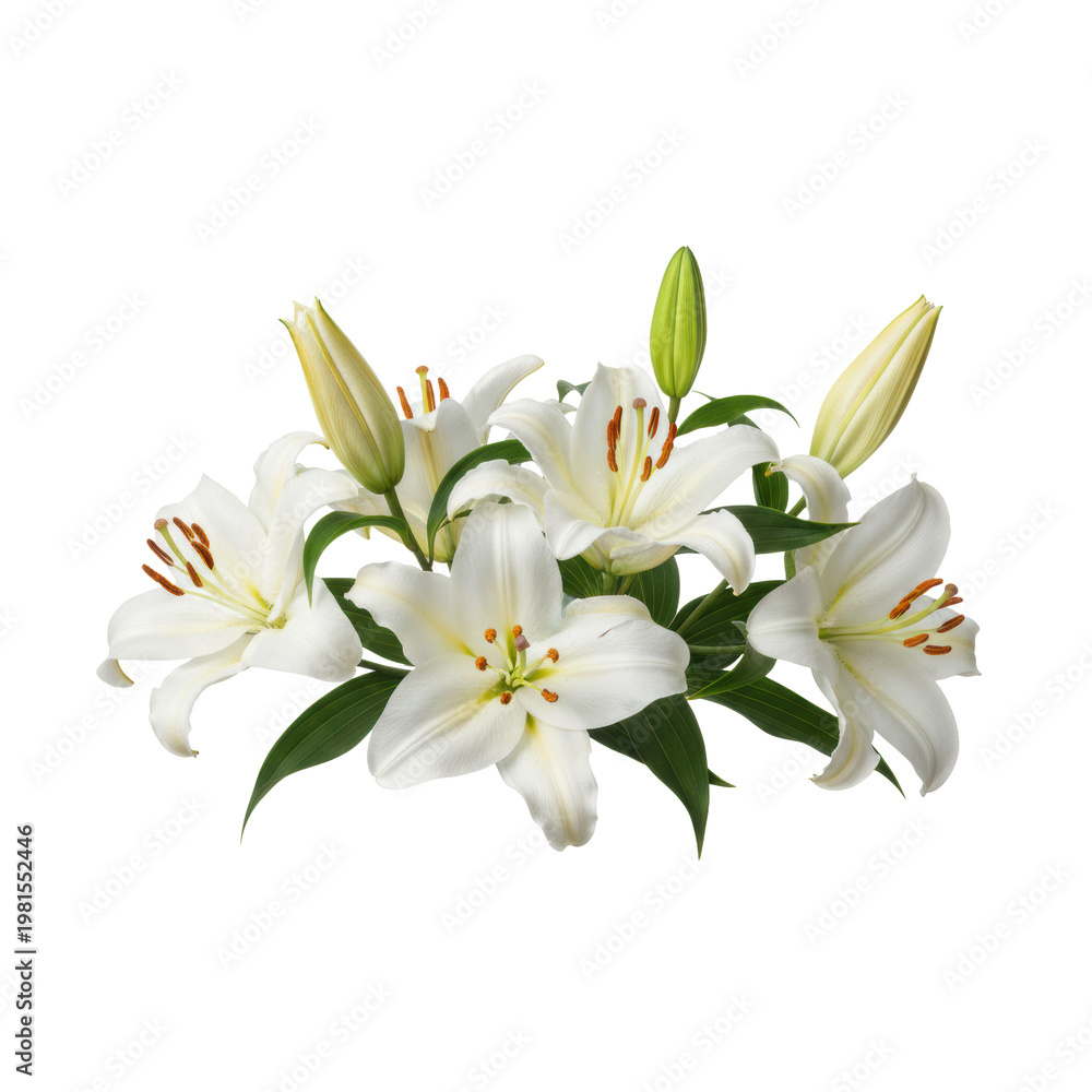 Obraz premium Blooming white oriental lilies with delicate stamens and glossy green leaves arranged horizontally against a transparent background in a serene botanical display