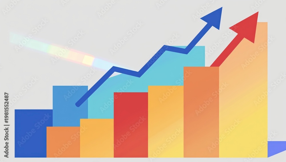 Fototapeta premium Colorful bar chart with ascending bars and two prominent upward-pointing arrows signifying financial growth and market success.