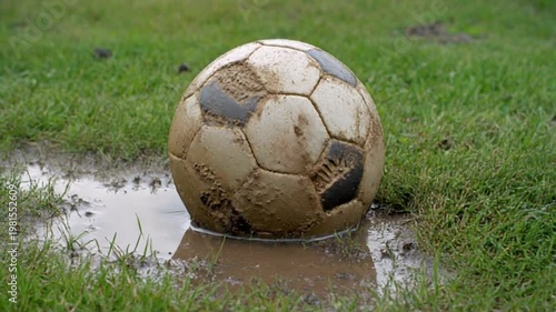 A dirty soccer ball sits in a muddy puddle on a grassy field