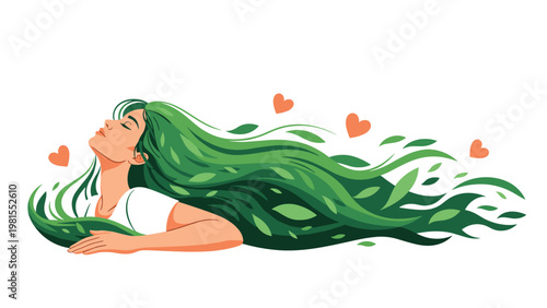Beautiful woman with long green hair that turns into flowing leaves, symbolizing a deep connection with nature and environmental awareness.