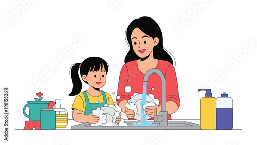 Young girl helping her mother wash dishes in a kitchen sink, fostering responsibility and family bonding through daily chores.