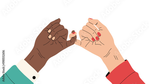 Close-up illustration of two hands of different skin tones making a pinky promise against a clean white background.