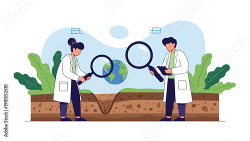 Two scientists in white coats using magnifying glasses to analyze soil layers and the Earth, representing environmental research.