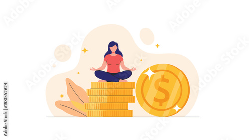 Peaceful young woman practicing meditation while sitting on a large stack of gold coins, symbolizing financial freedom, wealth, and abundance.