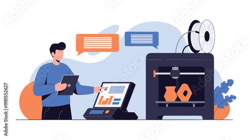 Innovative male designer using a modern tablet to control a 3D printer creating objects, showcasing manufacturing and creative prototyping technology.