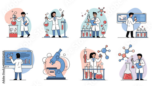 Diverse collection of professional scientists performing various experiments and research tasks in a modern laboratory environment.