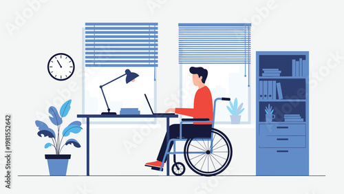 Motivated man in a wheelchair working on a laptop at his office desk, promoting inclusivity and equal opportunities in the professional workplace.