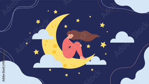 Dreamy illustration of a woman peacefully sleeping on a giant yellow crescent moon surrounded by shining stars in the deep blue night sky.