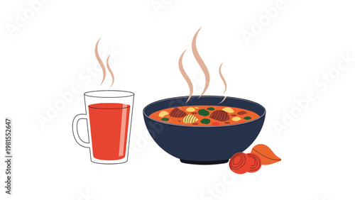 Delicious bowl of hot vegetable soup and a warm glass of red tea, creating a cozy and healthy meal concept for cold weather and winter days.