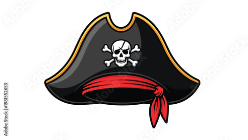 Classic black pirate hat featuring a white skull and crossbones emblem and a red bandana, symbolizing sea adventure and maritime history.
