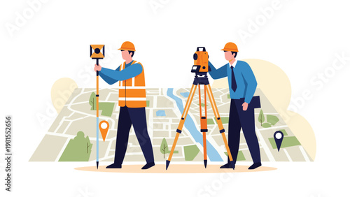 Professional land surveyors using geodetic equipment and a large map to measure and analyze terrain for construction or urban planning projects.