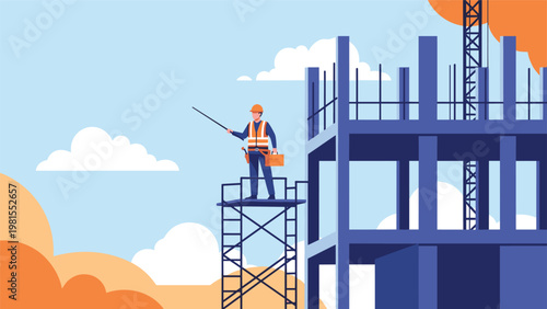 Determined construction worker standing on a high platform at a building site, overseeing structural development under a bright blue sky.