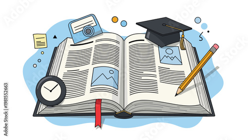 Open academic textbook surrounded by educational icons like a graduation cap, pencil, and clock, representing learning and student success.