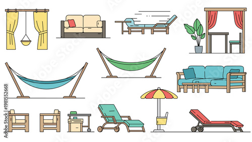 Large set of colorful outdoor and garden furniture including sofas, chairs, hammocks, and sun loungers for a relaxing patio or terrace area.