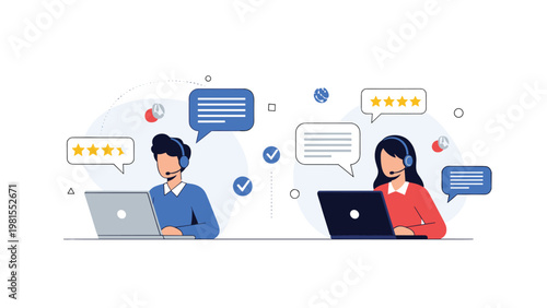 Professional customer service representatives working on laptops with headsets and speech bubbles, providing online support and high ratings.