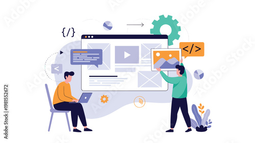 Team of skilled web developers working together to build and design a website on a giant screen, representing software engineering and technology.