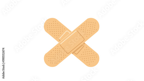 Two adhesive bandages crossed over each other, representing first aid, medical care, healing, and protection for minor injuries and wounds.
