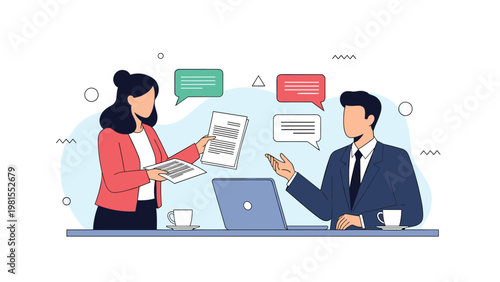 Two business professionals sitting at a desk discussing important documents and ideas over coffee, representing a productive meeting or consultation.