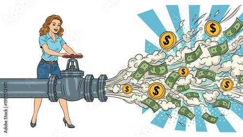 Energetic woman in a retro style opening a pipeline valve to release a spray of money, symbolizing wealth, cash flow, and financial success.