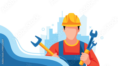 Professional repairman wearing a hard hat and holding large wrenches in front of a blue city skyline, representing urban maintenance and service.