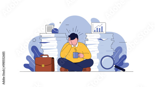 Overwhelmed man sitting on the floor surrounded by tall stacks of paperwork and data, symbolizing high work stress and workload in an office.