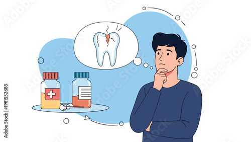 Man holding his chin while thinking about a painful toothache and dental medication, representing health concerns and seeking medical advice.