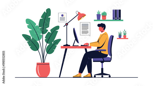 Focused man working on his computer at a desk in a cozy home office decorated with many green plants and books for a pleasant workspace.