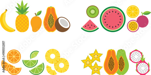 Tropical Fruit Vector Set with Banana, Pineapple, Papaya, Coconut, Watermelon, Kiwi, Citrus and Sliced Exotic Fruits for Fresh Food Design