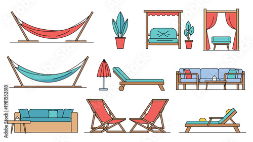 Comprehensive collection of outdoor patio furniture icons including hammocks, loungers, sofas, and umbrellas for garden and terrace design.