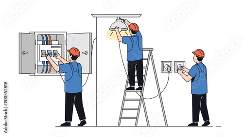 Skilled team of electricians performing various tasks including wiring a circuit box, fixing a lamp, and checking wall outlets safely.